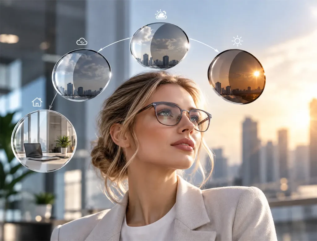 Photochromic lenses adapting to changing light by Smart Optik.