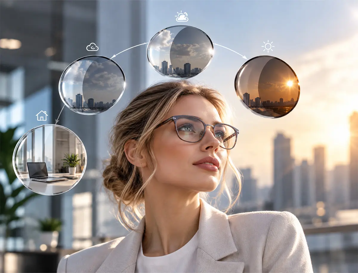 Photochromic lenses adapting to changing light by Smart Optik.
