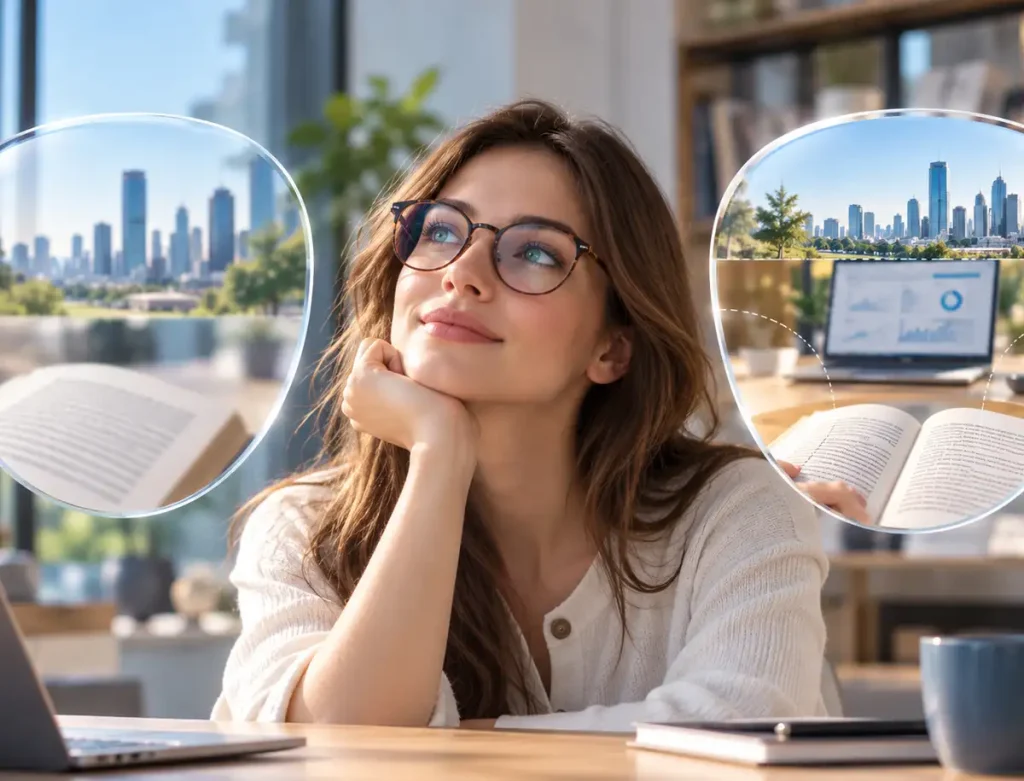 Woman wearing eyeglasses with single vision and progressive lens comparison