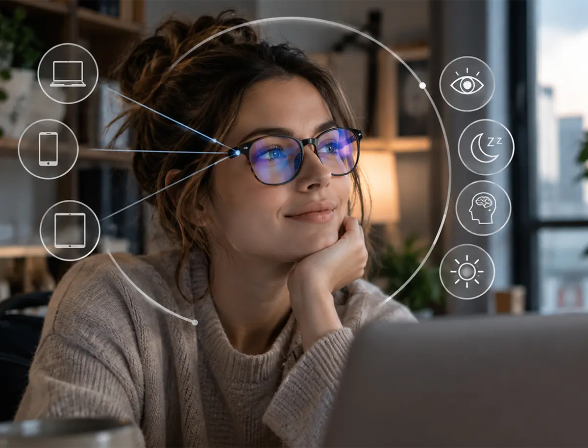Woman wearing blue light glasses while using a laptop